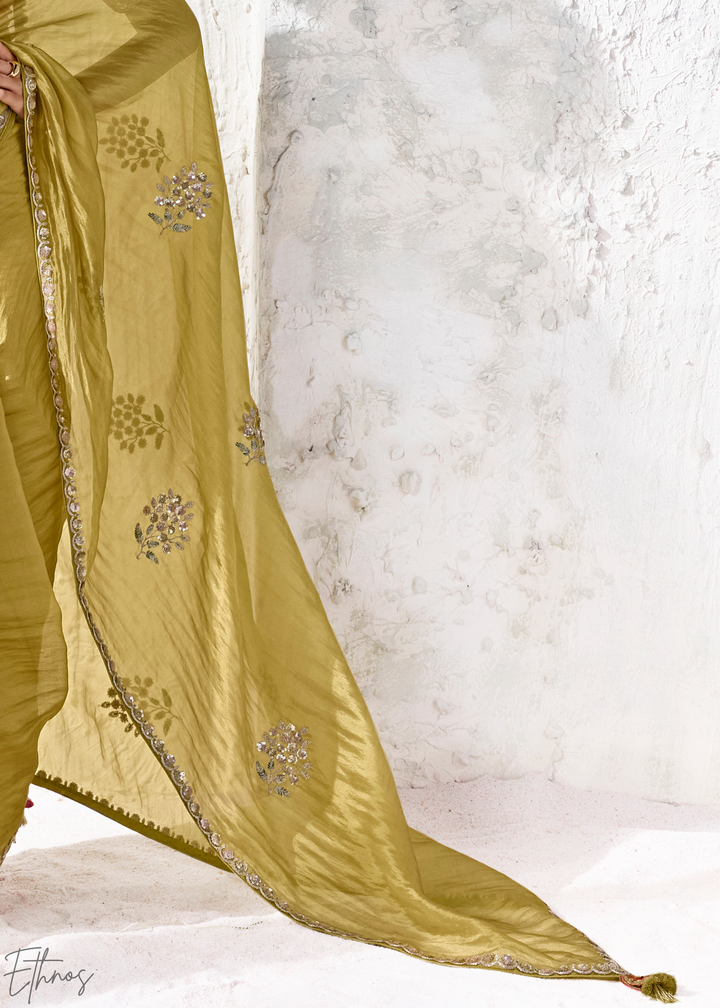 Lime Green Woven Vertical Line Organza Silk Saree