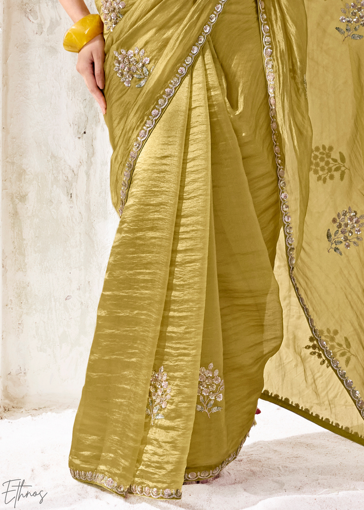 Lime Green Woven Vertical Line Organza Silk Saree