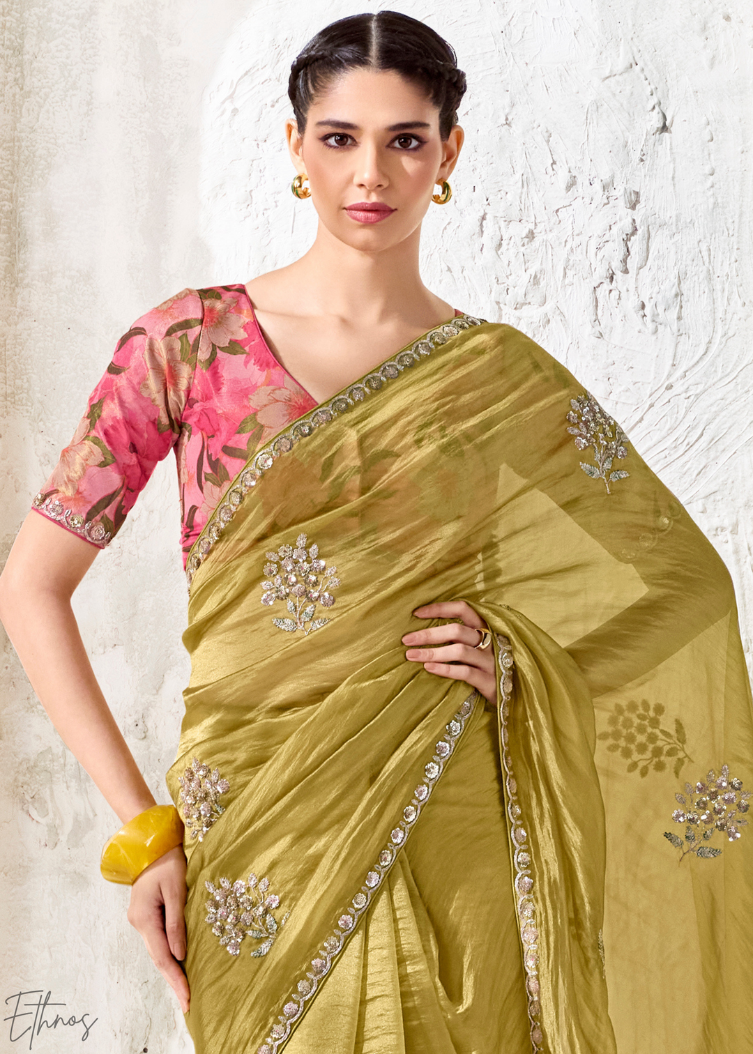Lime Green Woven Vertical Line Organza Silk Saree