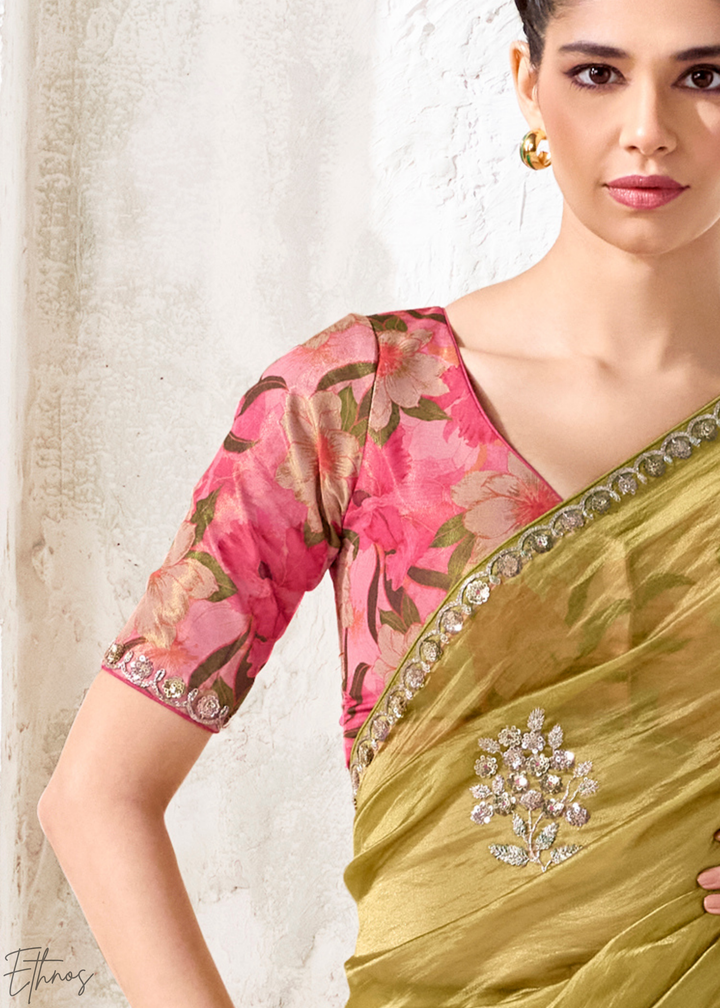 Lime Green Woven Vertical Line Organza Silk Saree