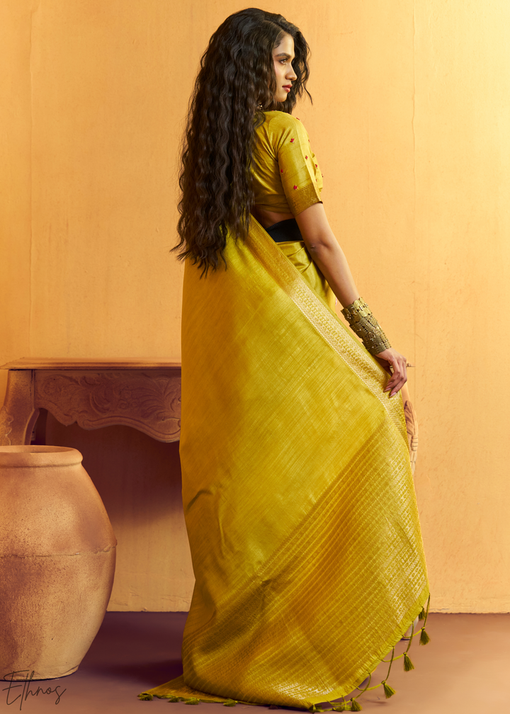 Lime Mustard Traditional Zari Woven Tussar Silk Saree
