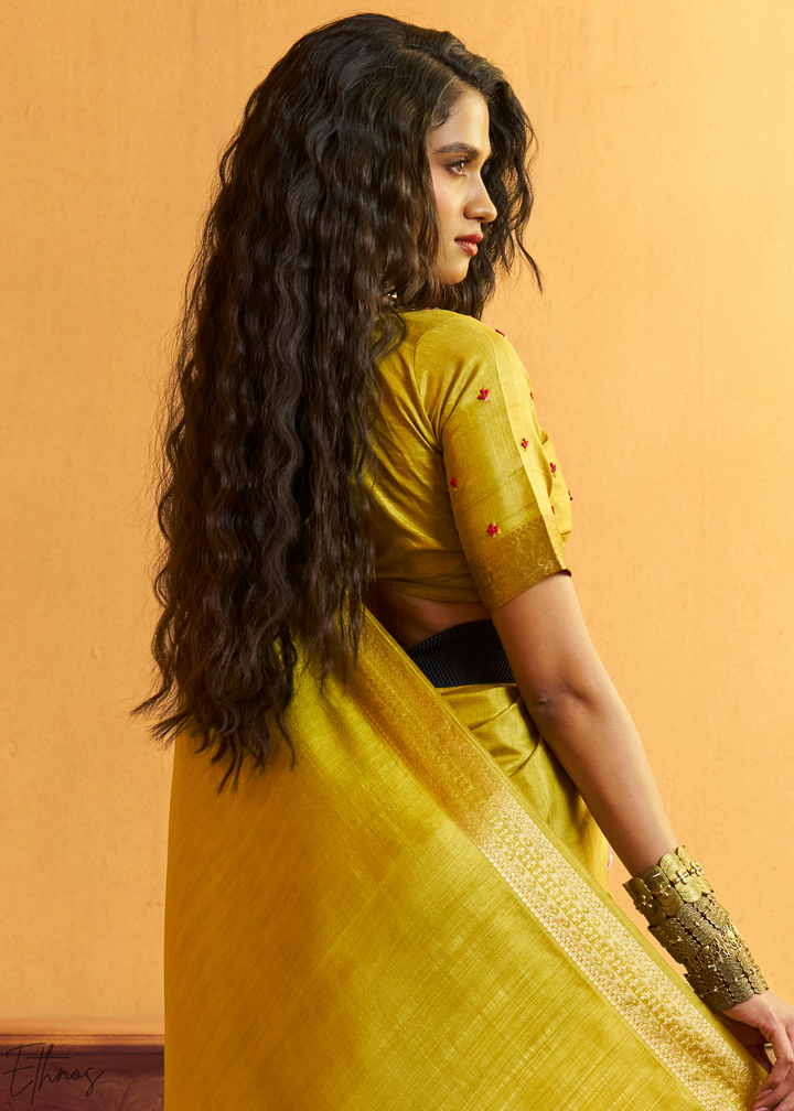 Lime Mustard Traditional Zari Woven Tussar Silk Saree