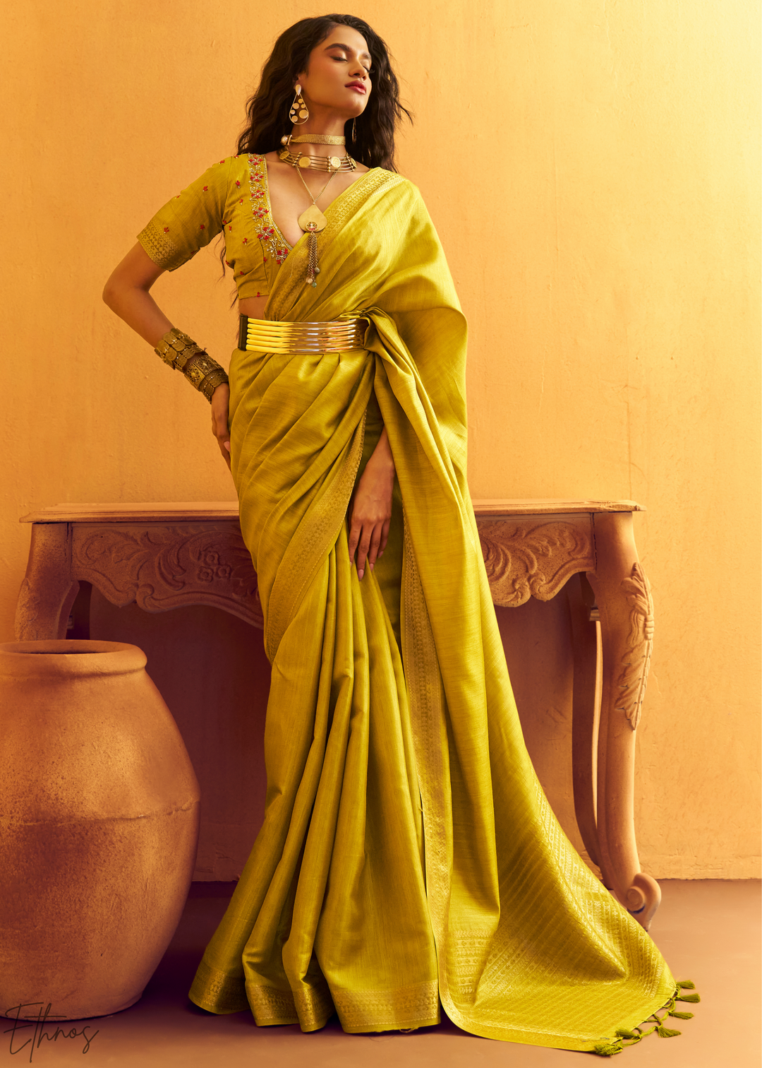 Lime Mustard Traditional Zari Woven Tussar Silk Saree