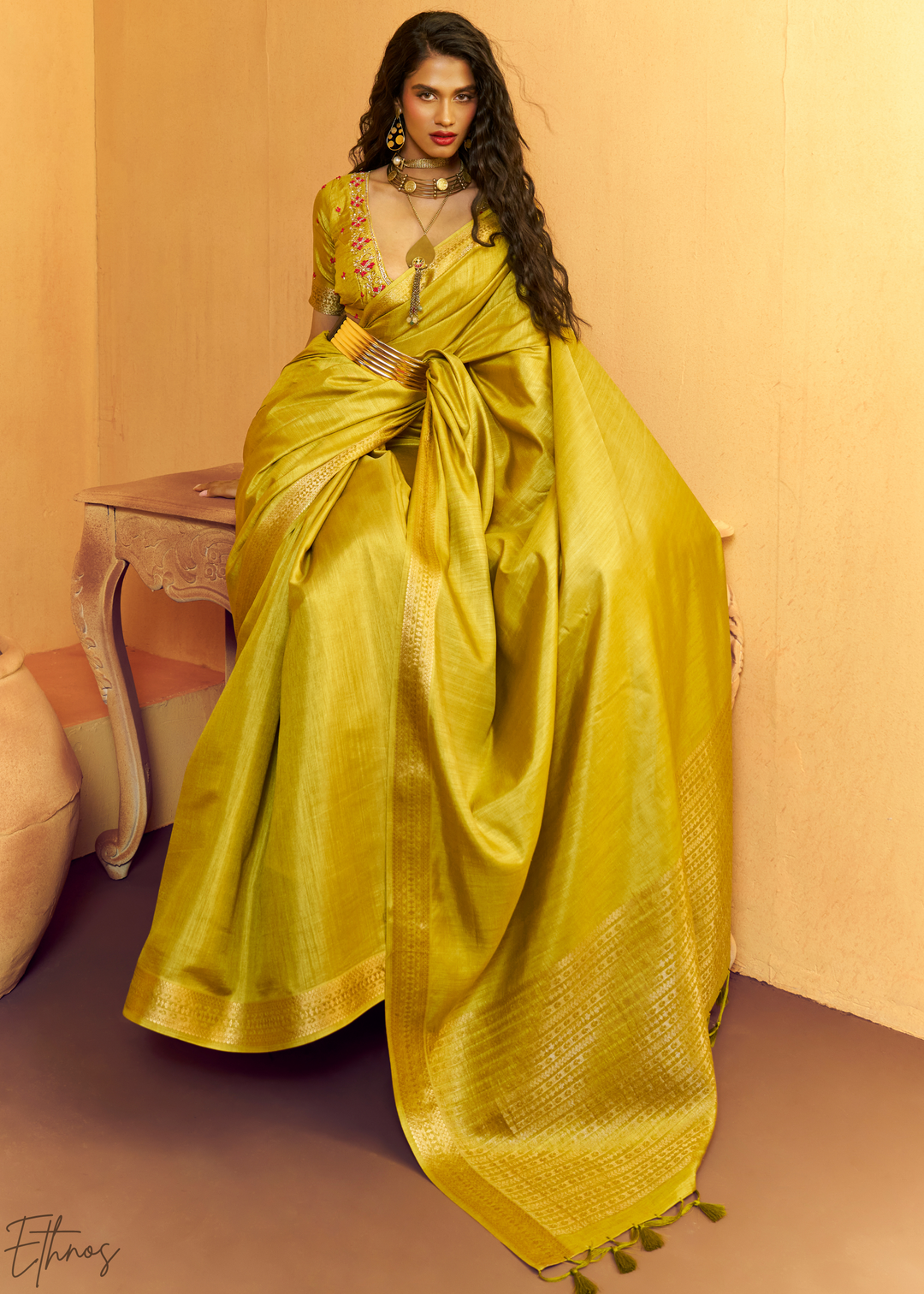 Lime Mustard Traditional Zari Woven Tussar Silk Saree