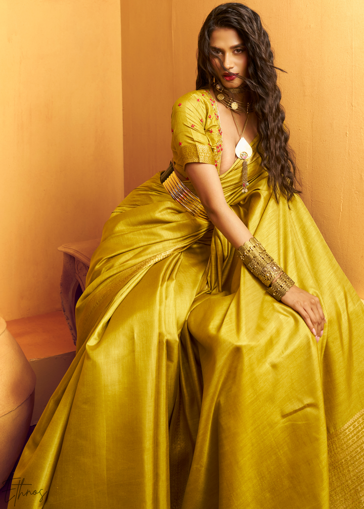 Lime Mustard Traditional Zari Woven Tussar Silk Saree