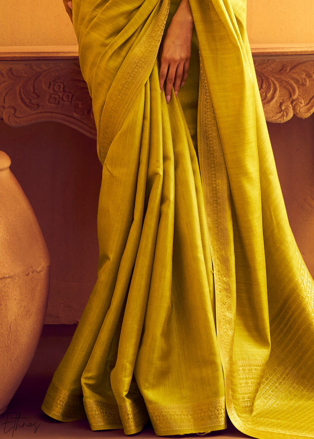 Lime Mustard Traditional Zari Woven Tussar Silk Saree