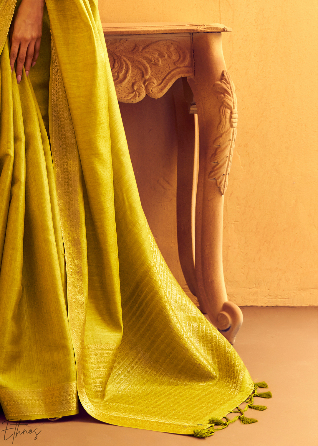 Lime Mustard Traditional Zari Woven Tussar Silk Saree