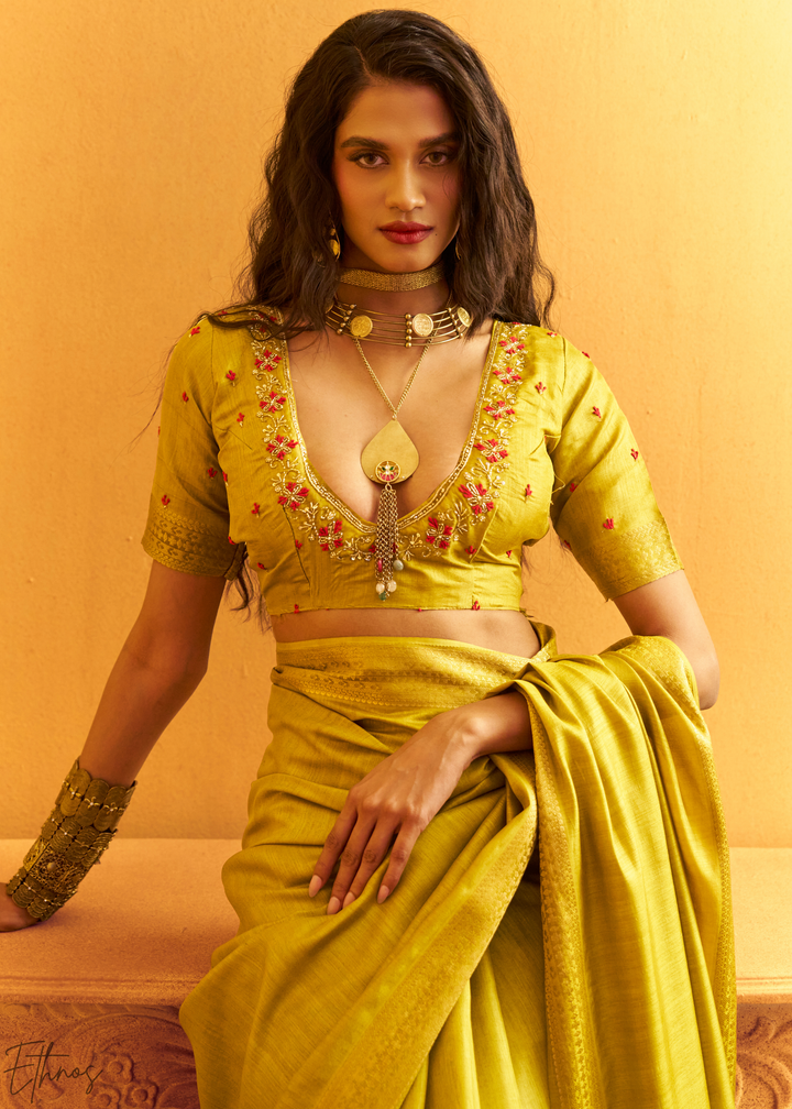 Lime Mustard Traditional Zari Woven Tussar Silk Saree