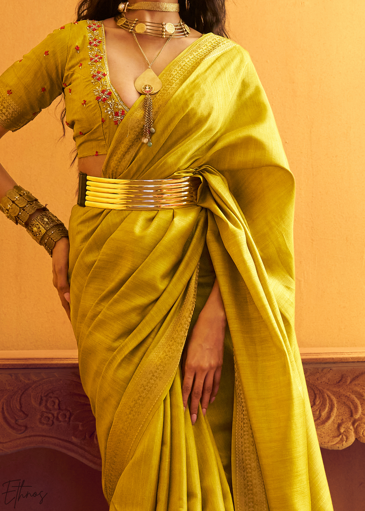 Lime Mustard Traditional Zari Woven Tussar Silk Saree
