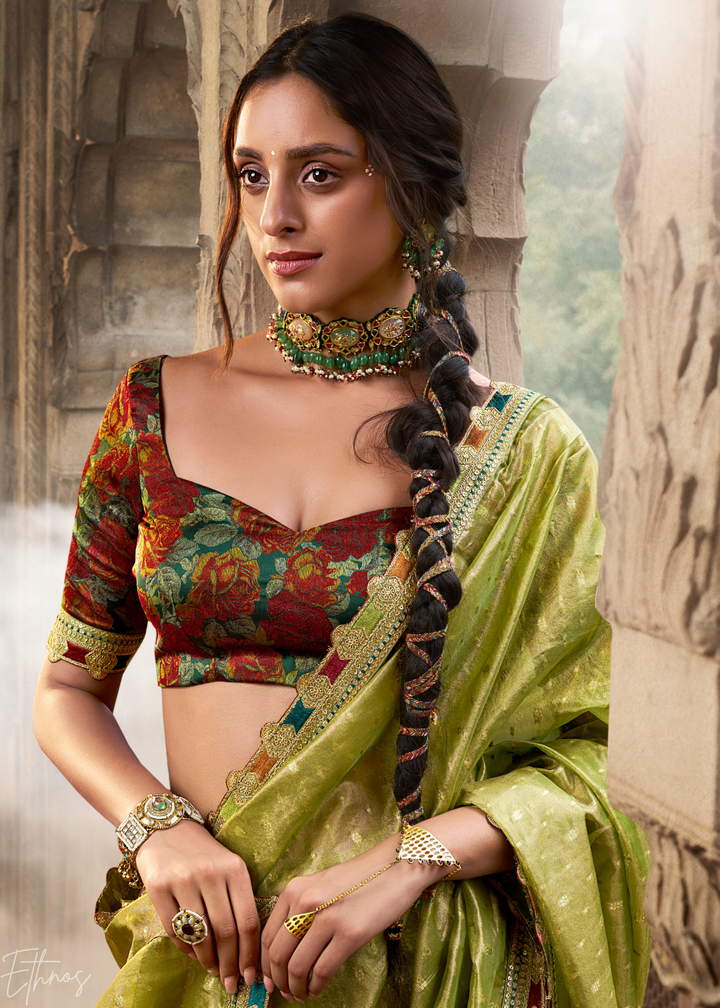 Lime Olive Pom-Pom Border Tissue Silk Saree