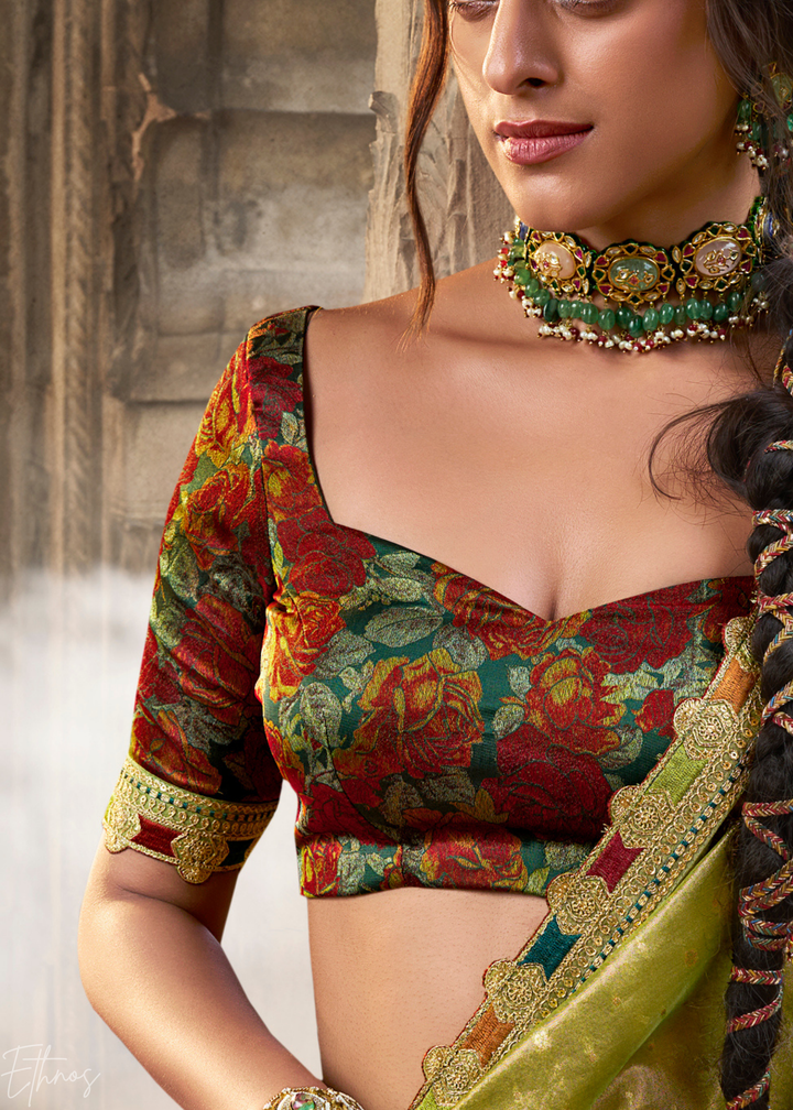 Lime Olive Pom-Pom Border Tissue Silk Saree
