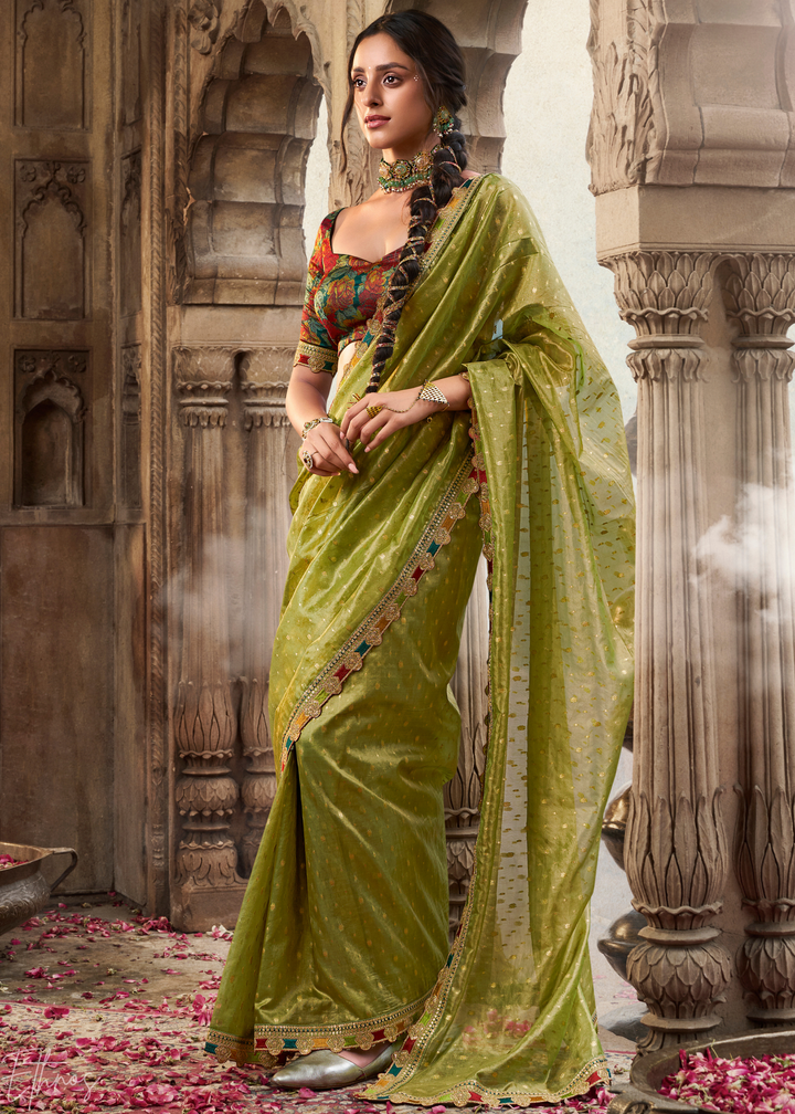 Lime Olive Pom-Pom Border Tissue Silk Saree