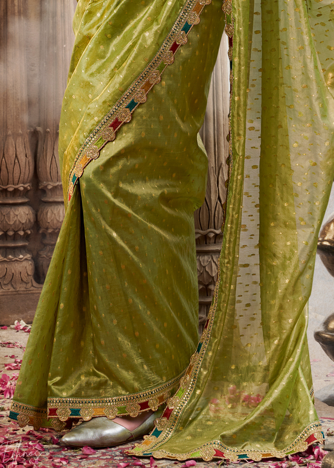 Lime Olive Pom-Pom Border Tissue Silk Saree