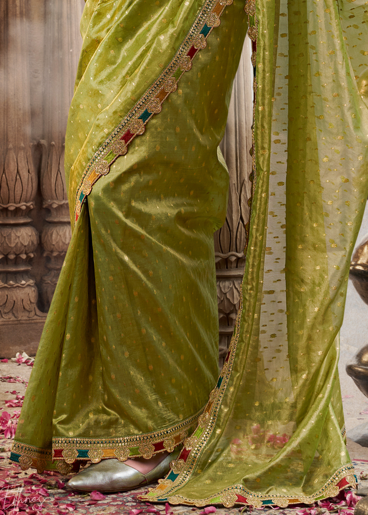 Lime Olive Pom-Pom Border Tissue Silk Saree