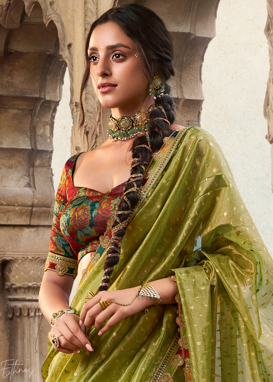 Lime Olive Pom-Pom Border Tissue Silk Saree