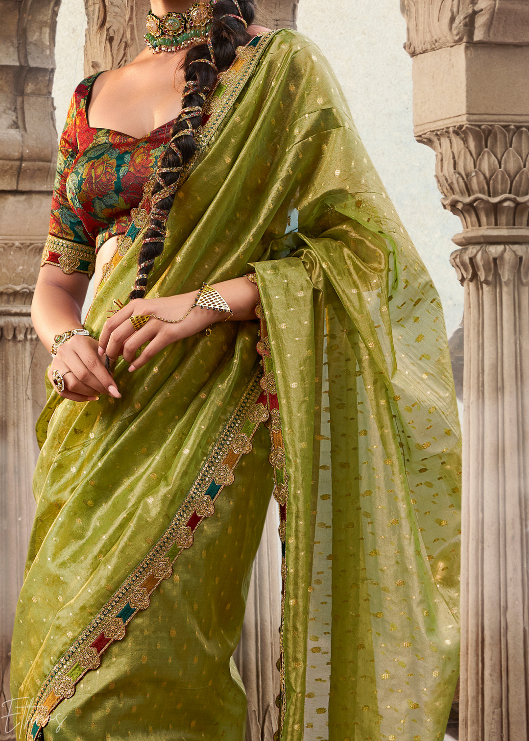 Lime Olive Pom-Pom Border Tissue Silk Saree