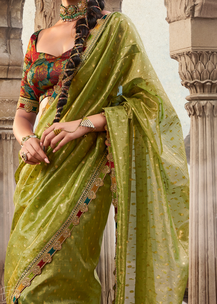 Lime Olive Pom-Pom Border Tissue Silk Saree