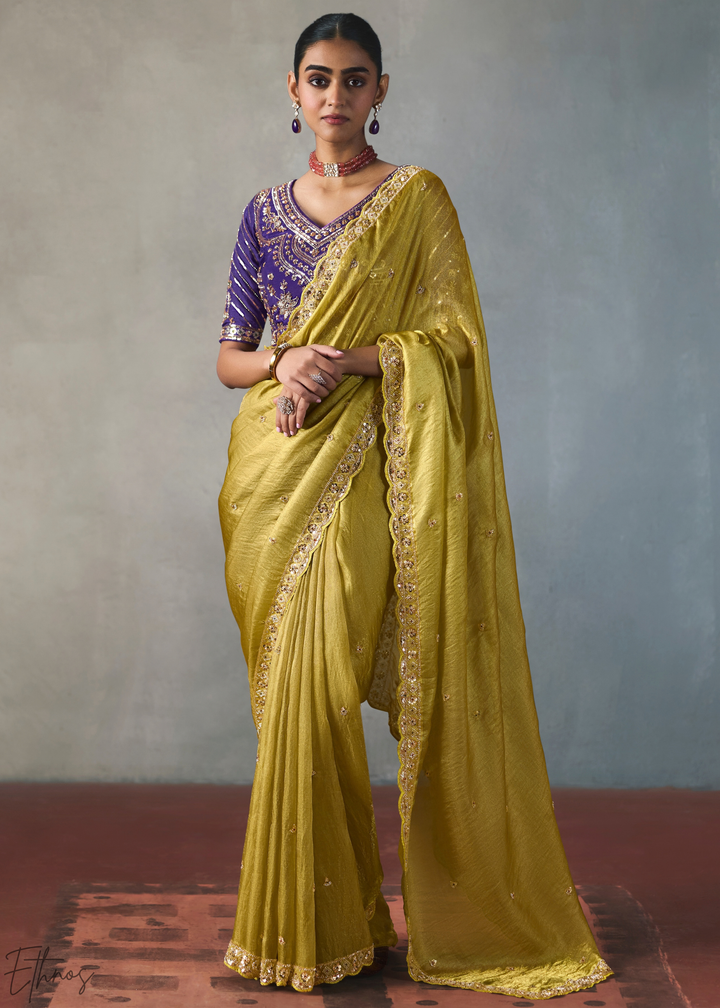 Lime Floral Scallop Beaded Border Silk Saree