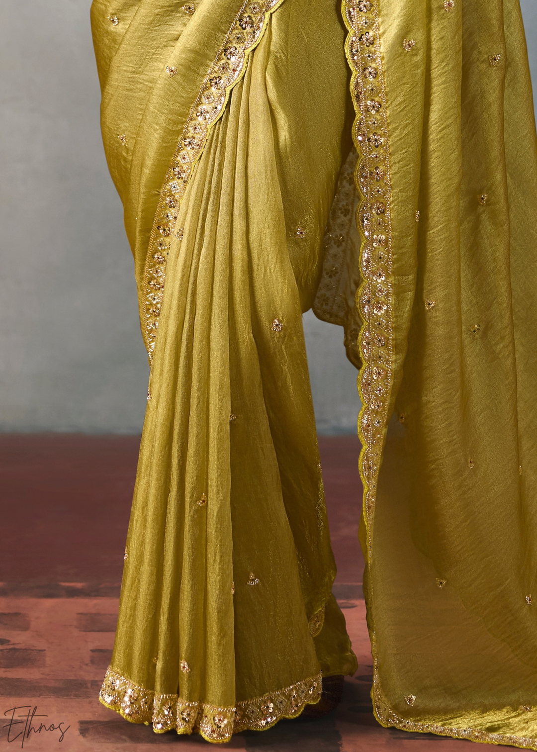 Lime Floral Scallop Beaded Border Silk Saree