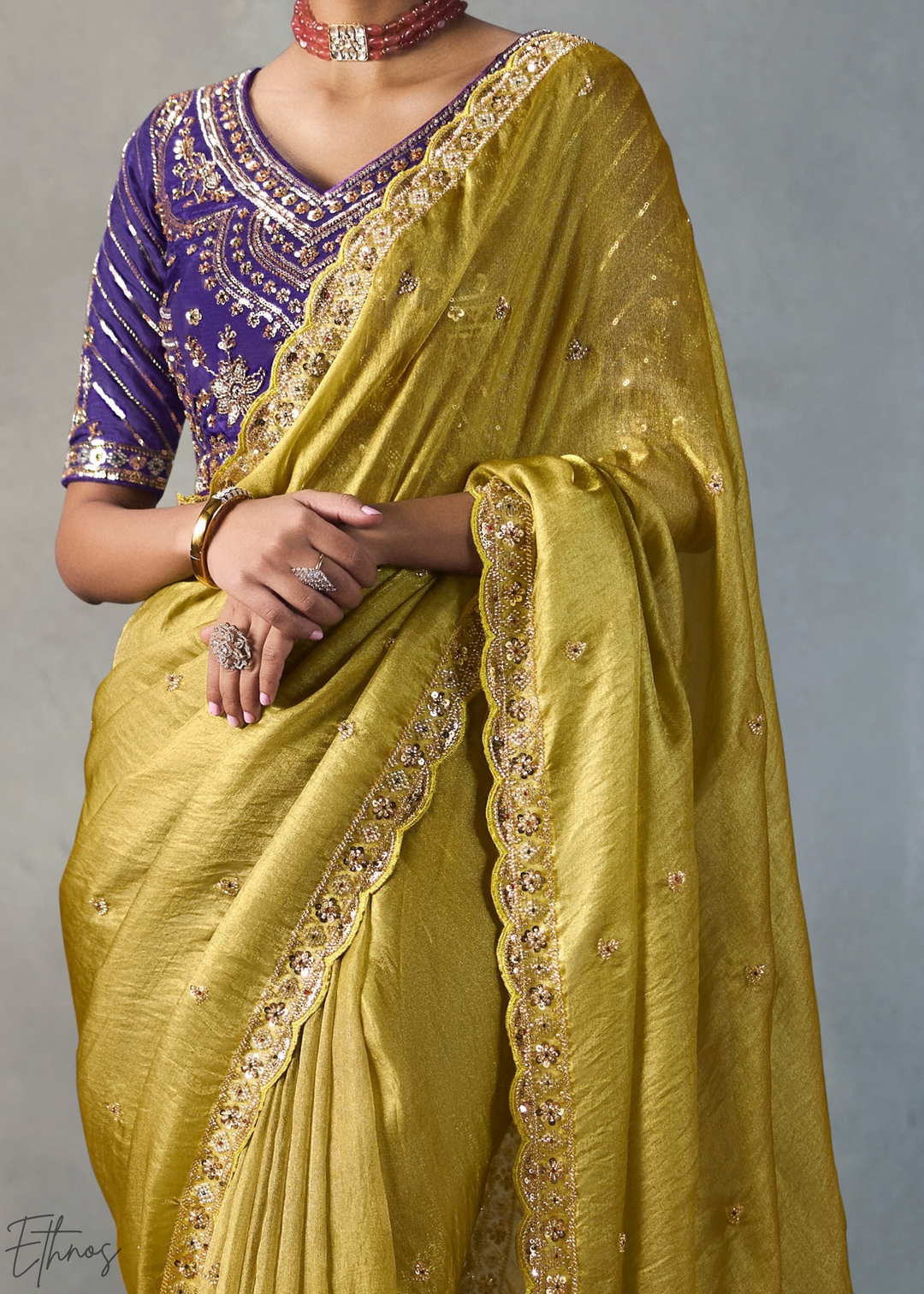 Lime Floral Scallop Beaded Border Silk Saree