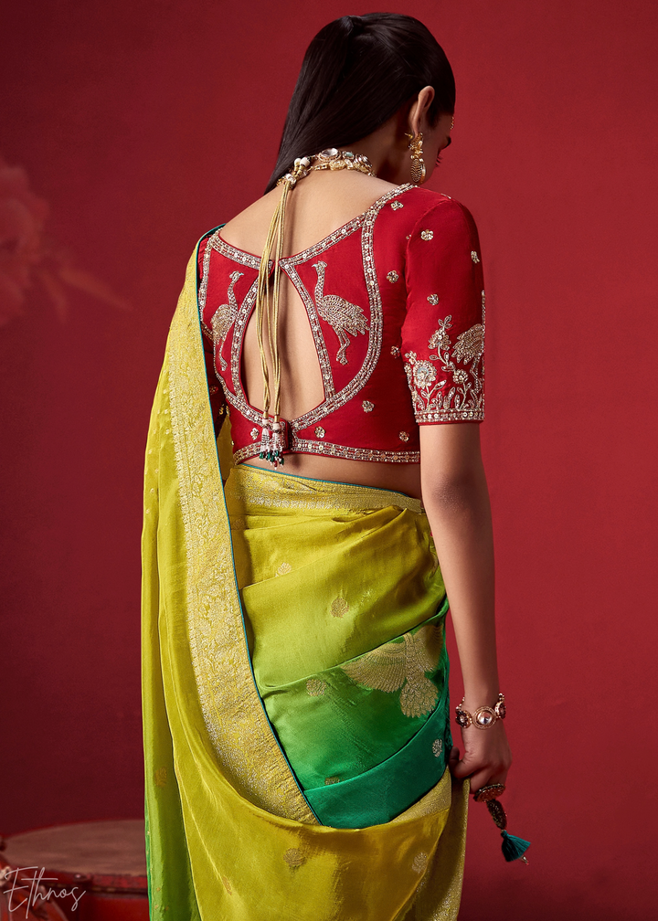 Lime Textured Chevron Ombre Dola Silk Saree