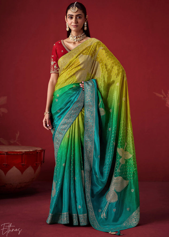 Lime Textured Chevron Ombre Dola Silk Saree