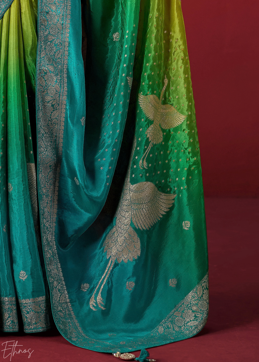 Lime Textured Chevron Ombre Dola Silk Saree