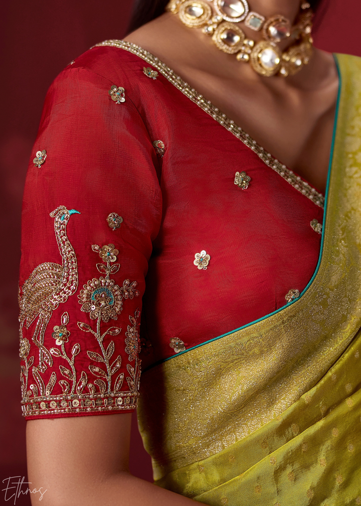 Lime Textured Chevron Ombre Dola Silk Saree