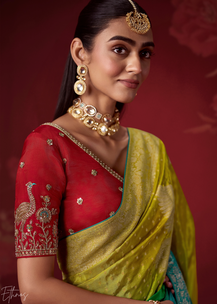 Lime Textured Chevron Ombre Dola Silk Saree