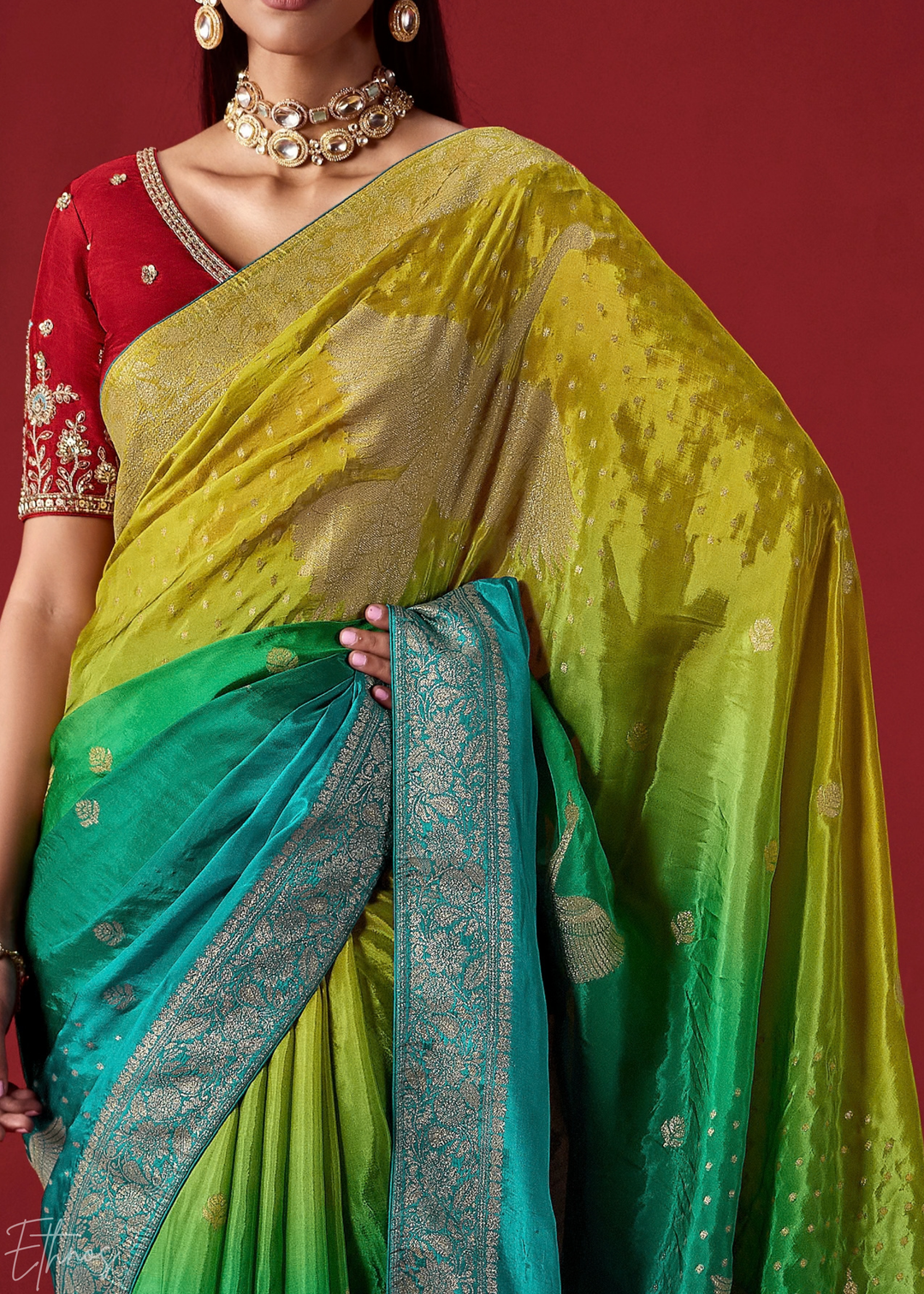 Lime Textured Chevron Ombre Dola Silk Saree