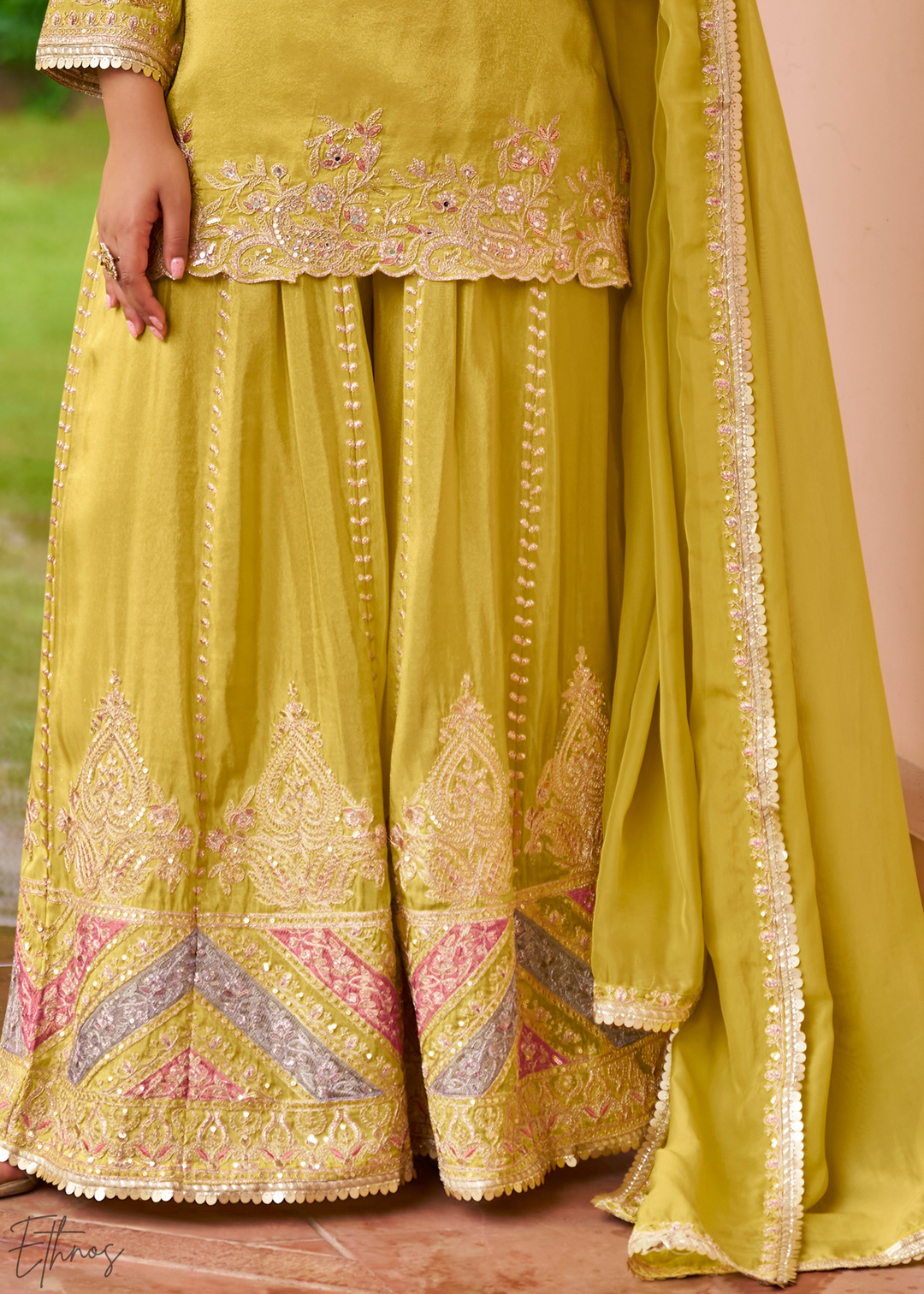 Lime Yellow Embroidered Chinon Sharara Suit