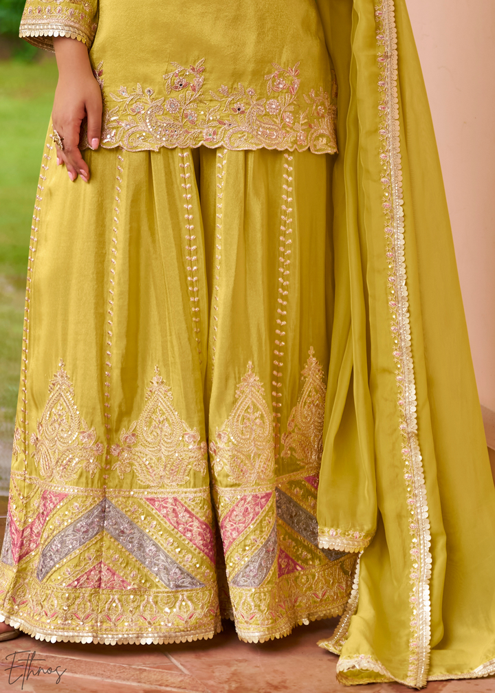 Lime Yellow Embroidered Chinon Sharara Suit