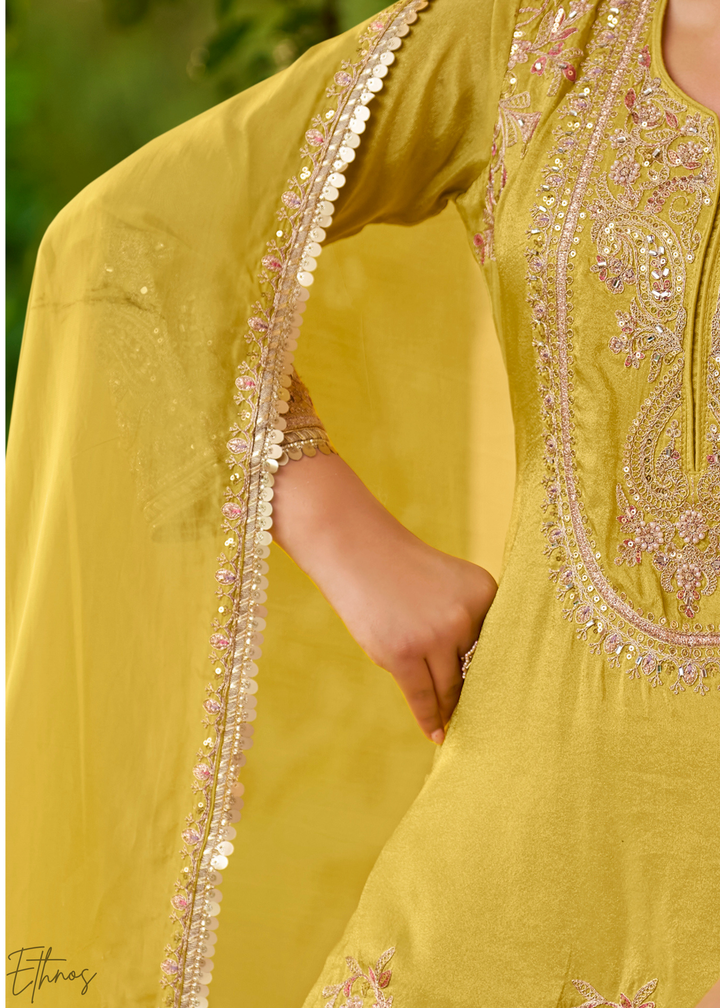 Lime Yellow Embroidered Chinon Sharara Suit