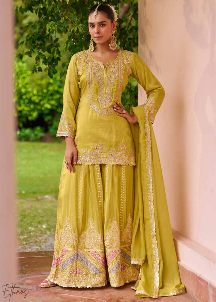 Lime Yellow Embroidered Chinon Sharara Suit