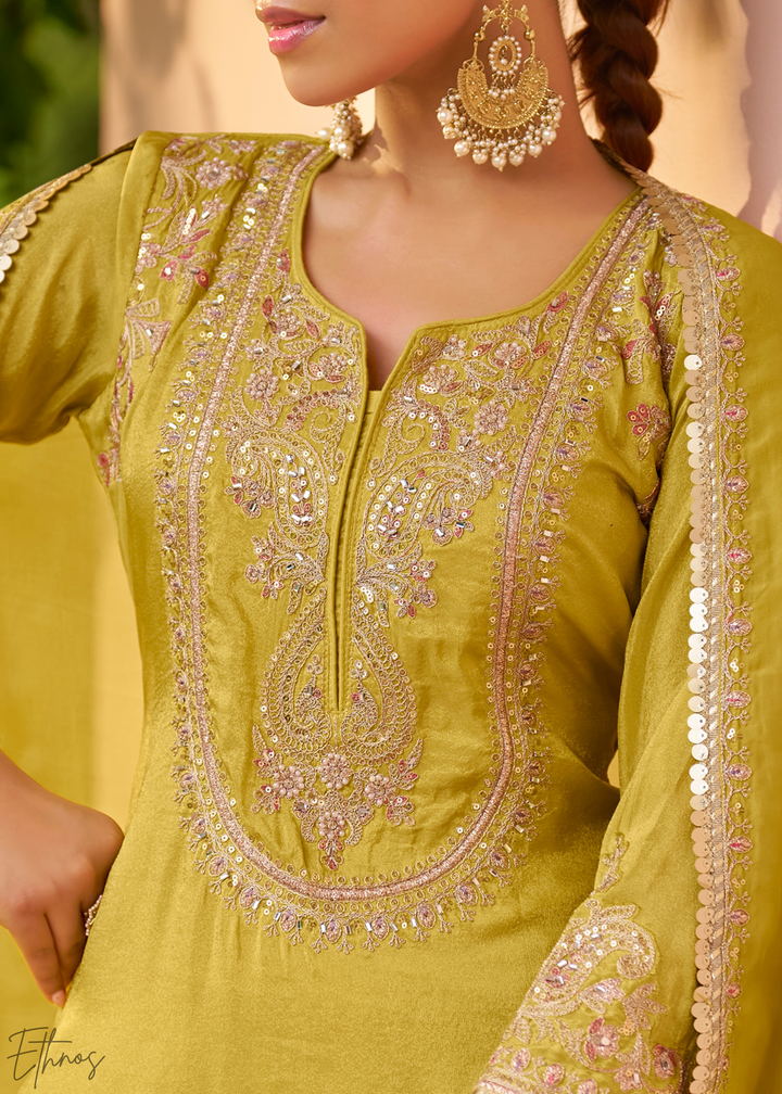 Lime Yellow Embroidered Chinon Sharara Suit