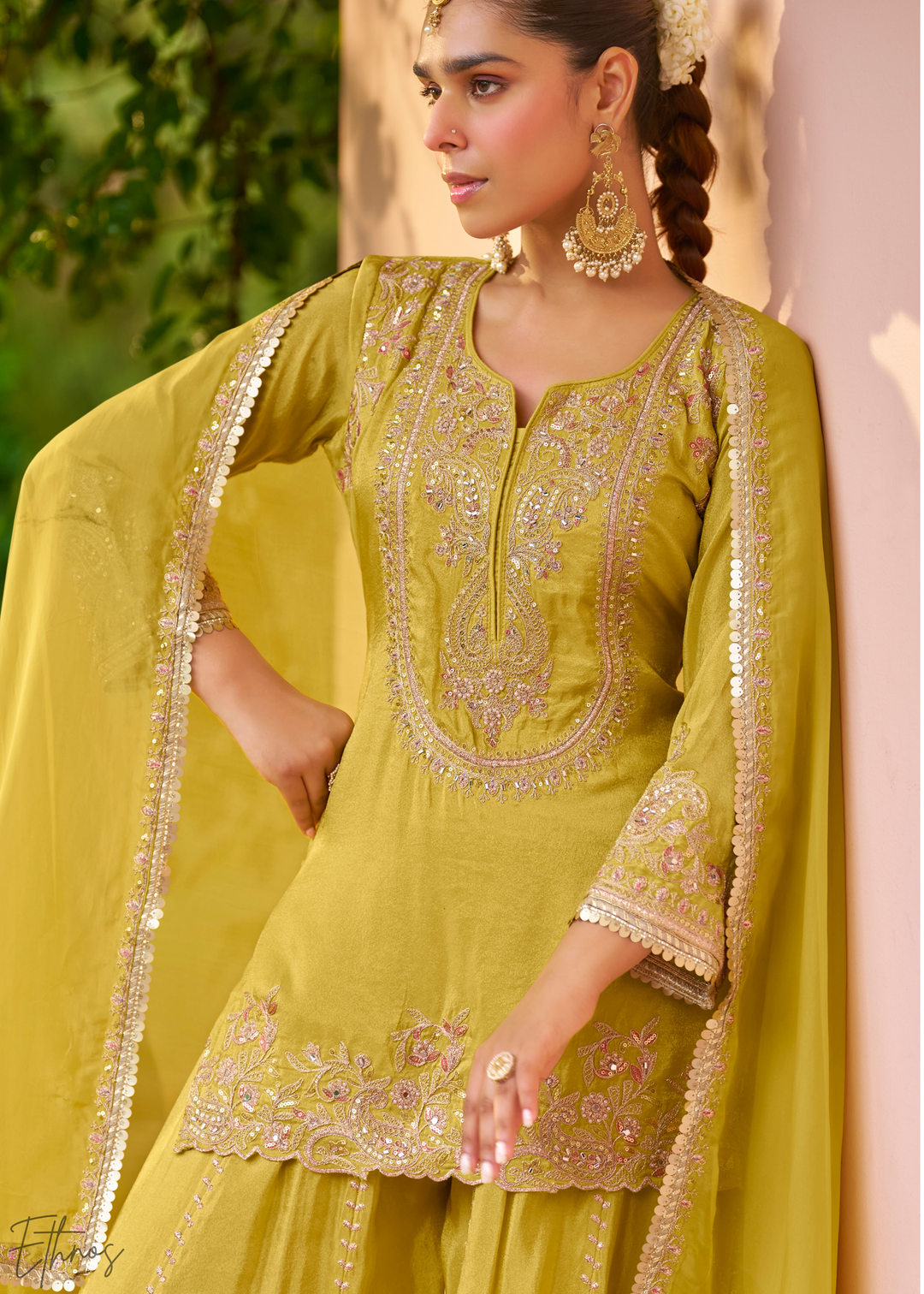 Lime Yellow Embroidered Chinon Sharara Suit