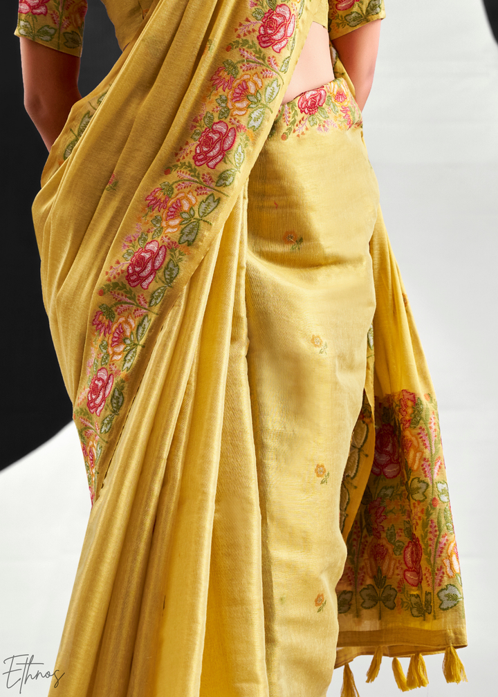 Lime Yellow Rose Border Saffron Tissue Saree