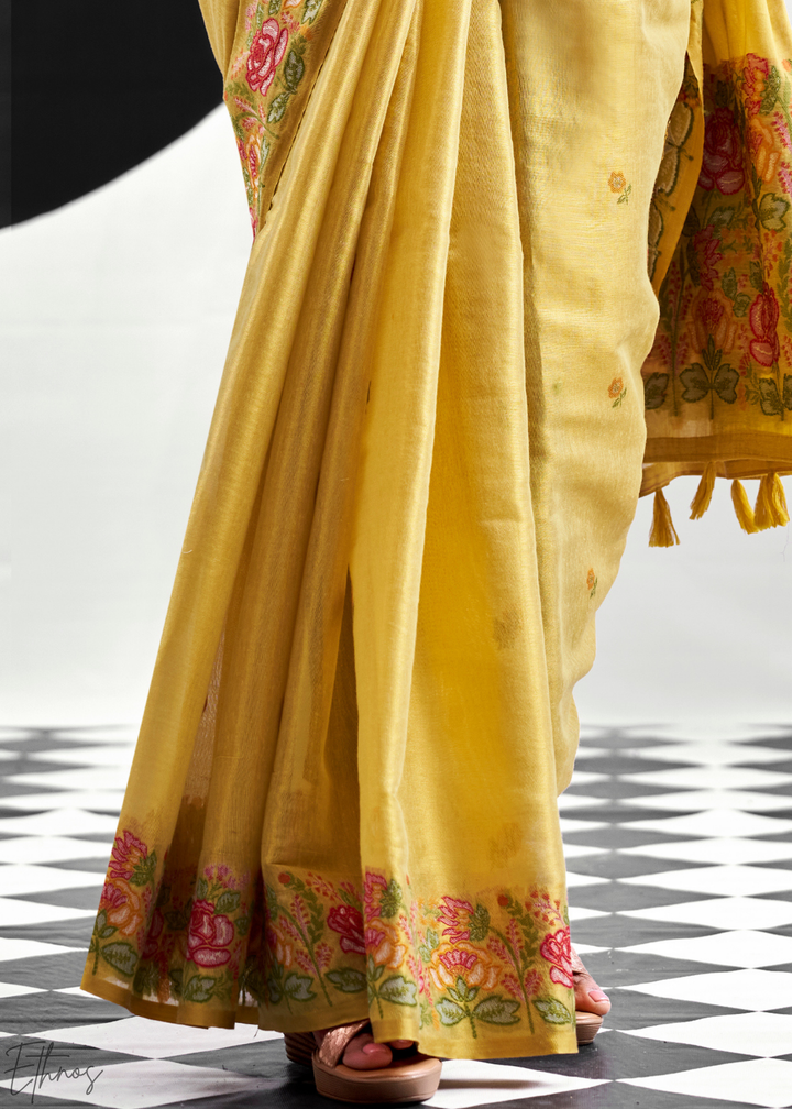 Lime Yellow Rose Border Saffron Tissue Saree