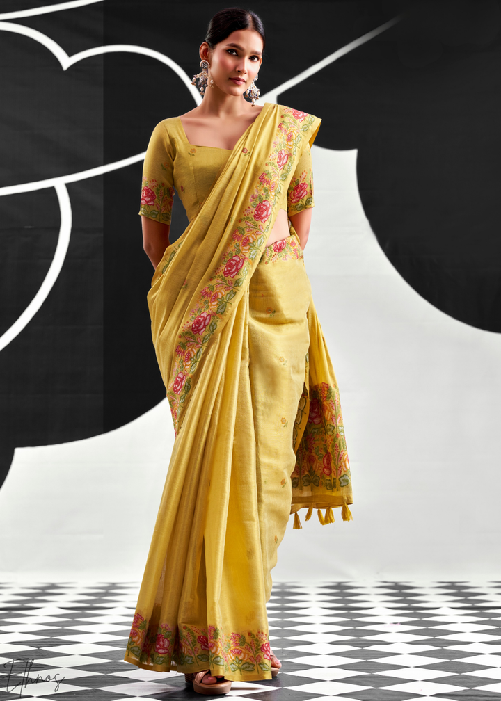 Lime Yellow Rose Border Saffron Tissue Saree