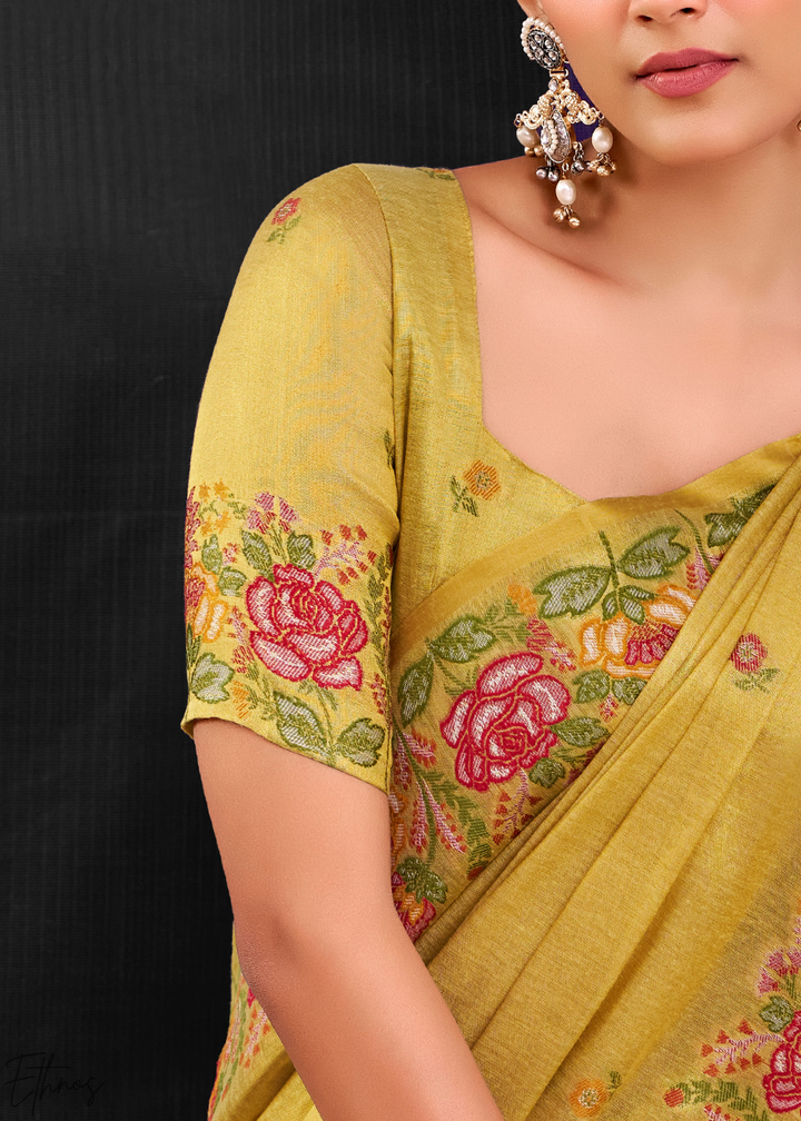 Lime Yellow Rose Border Saffron Tissue Saree
