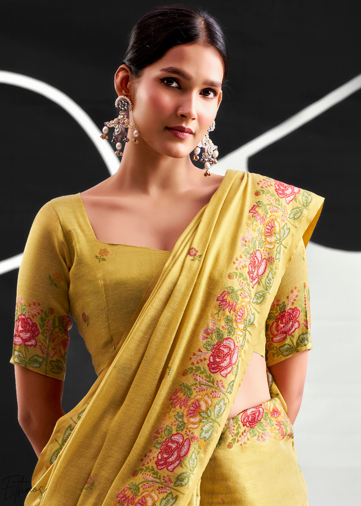 Lime Yellow Rose Border Saffron Tissue Saree