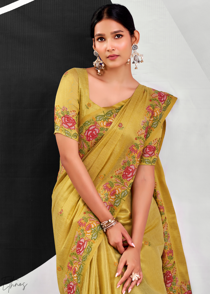 Lime Yellow Rose Border Saffron Tissue Saree