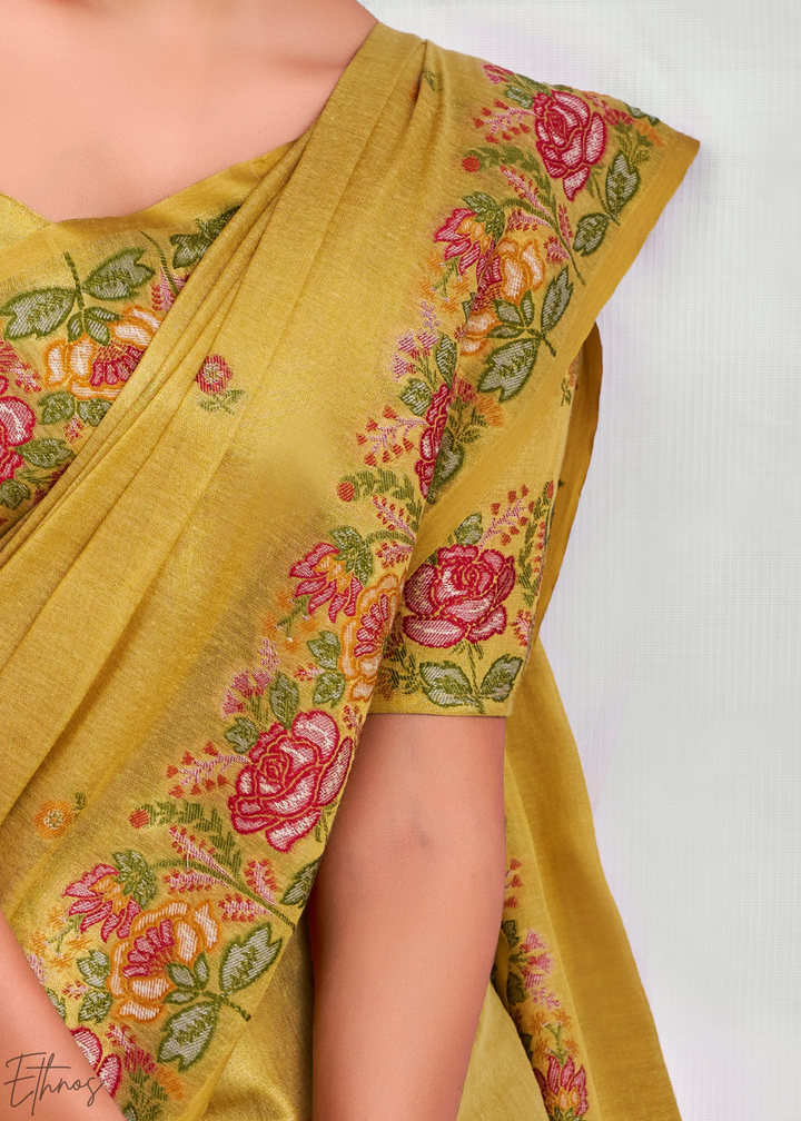 Lime Yellow Rose Border Saffron Tissue Saree