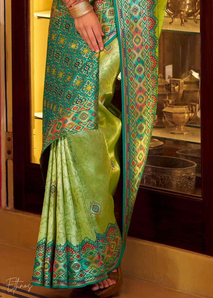 Lime Green Tissue Patola Silk Saree