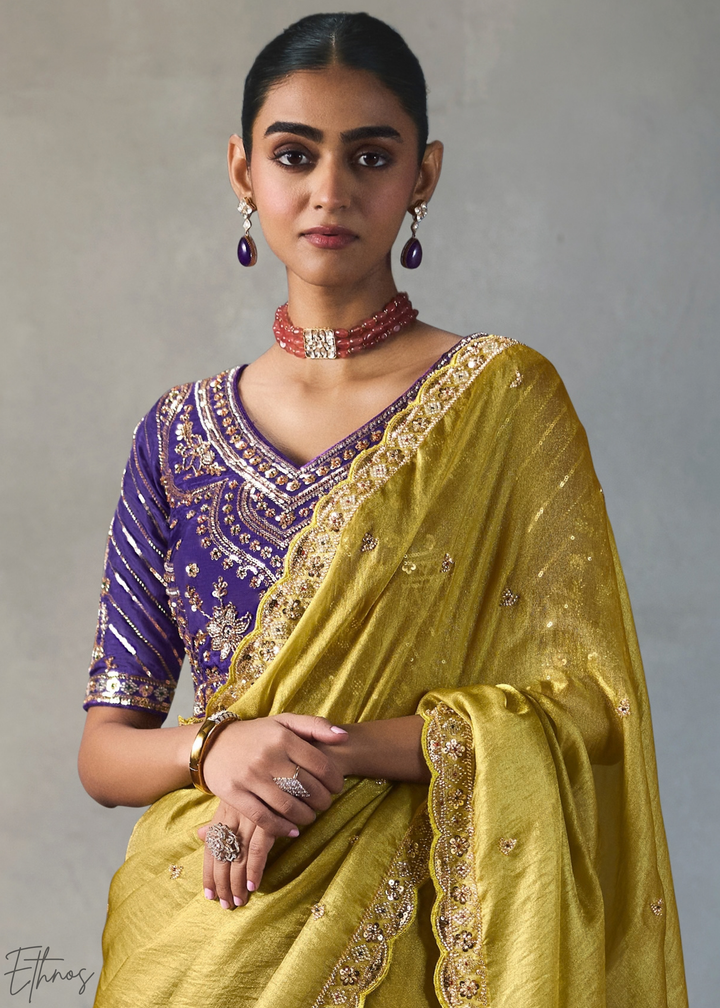 Lime Floral Scallop Beaded Border Silk Saree