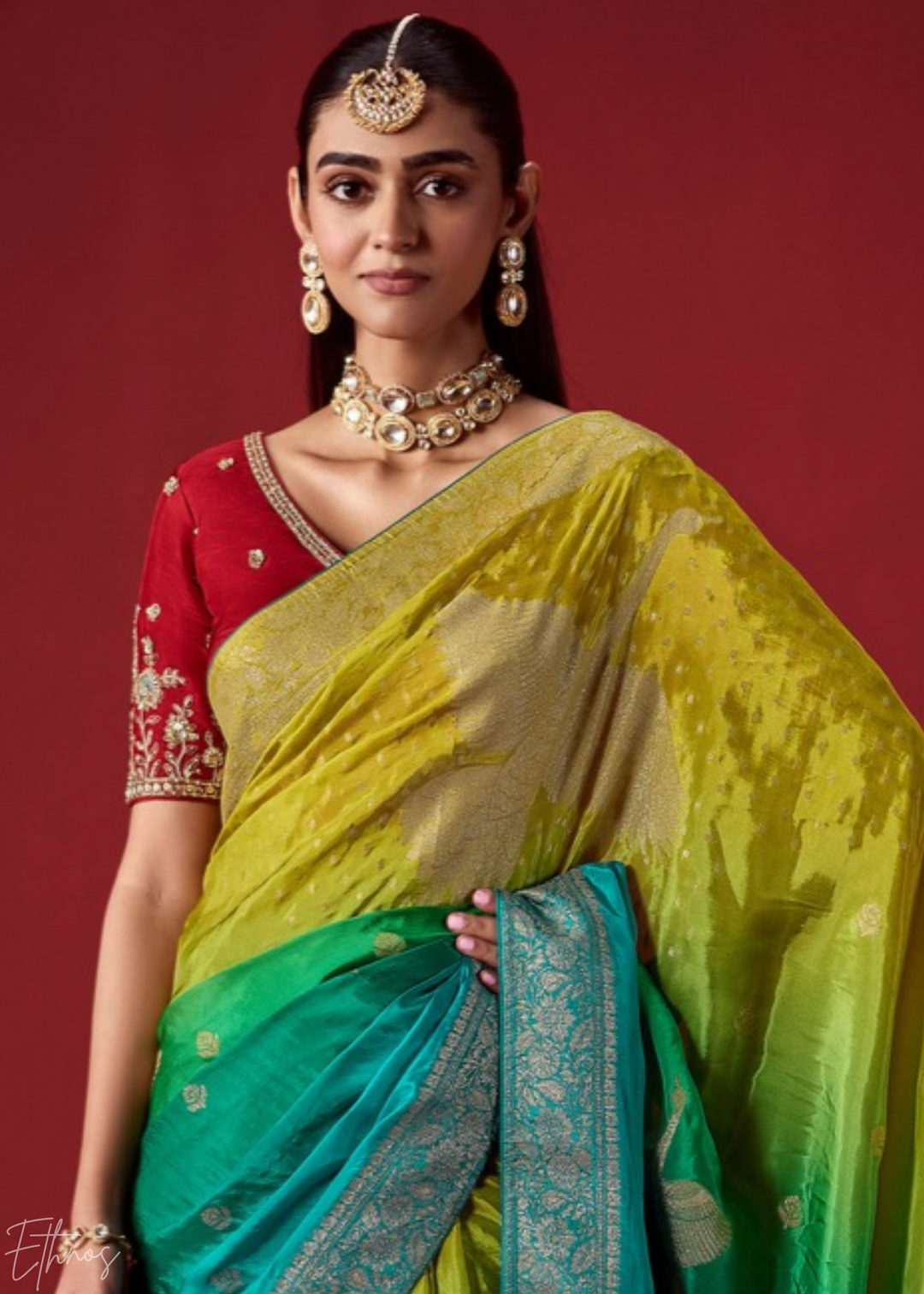 Lime Textured Chevron Ombre Dola Silk Saree