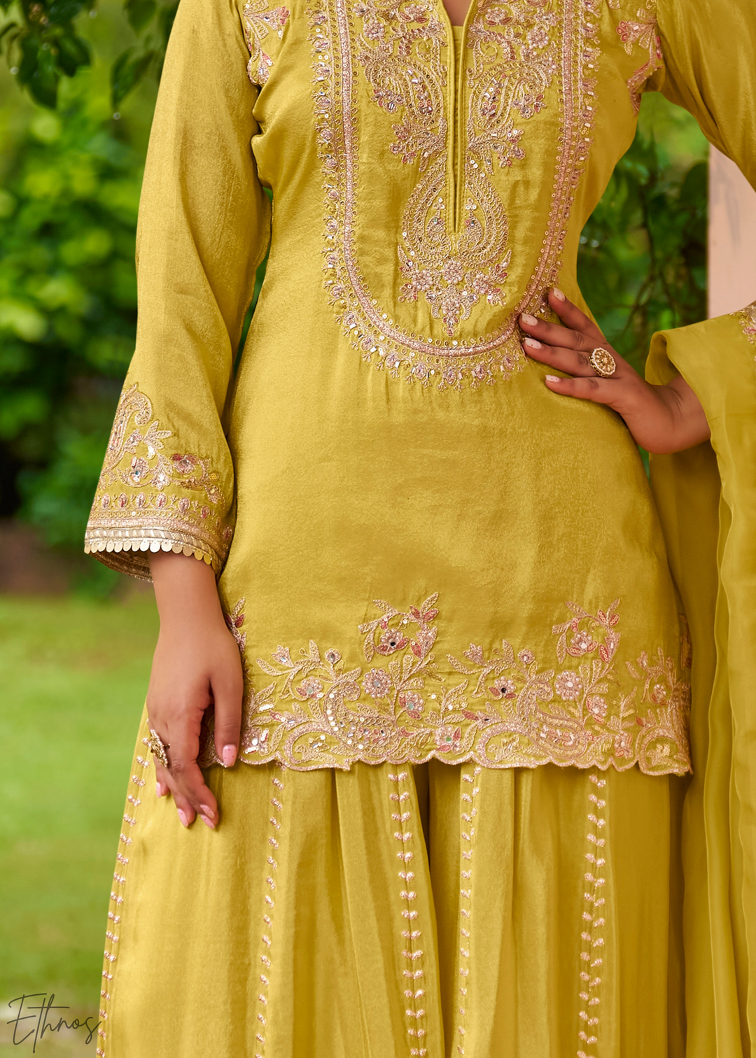 Lime Yellow Embroidered Chinon Sharara Suit