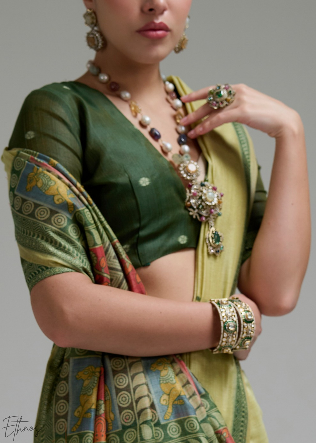 Lime Yellow Geometric Block Printed Jamdani Cotton Saree