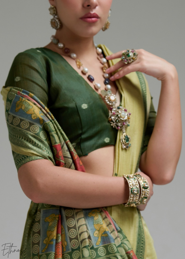 Lime Yellow Geometric Block Printed Jamdani Cotton Saree