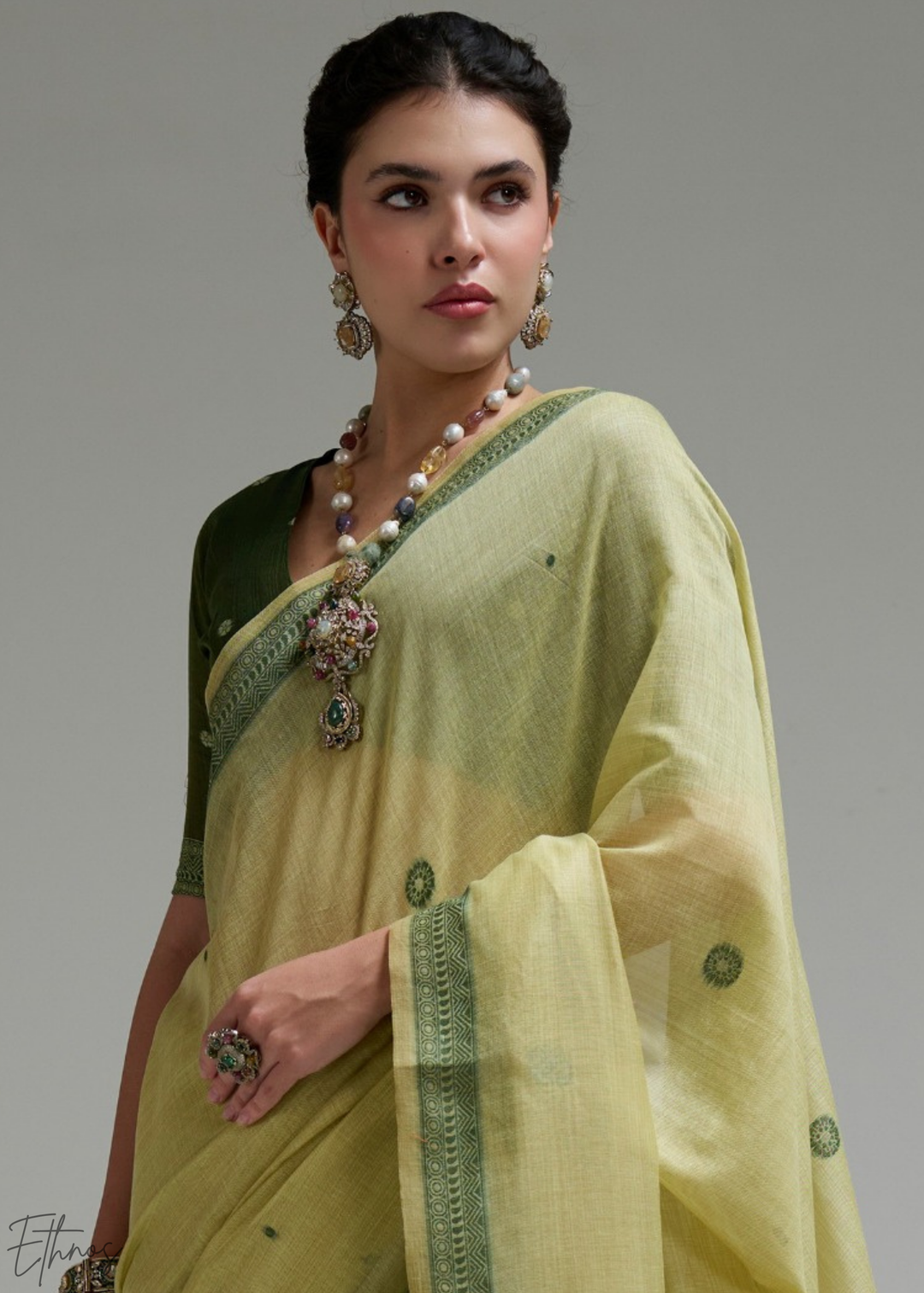 Lime Yellow Geometric Block Printed Jamdani Cotton Saree